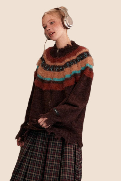 EZEK's stimmungsvoller amerikanischer Retro-Lazy-Stil Nähte kontrastierende Pullover Damen Frühjahr und Herbst Reißverschluss Strickjacke Jacke