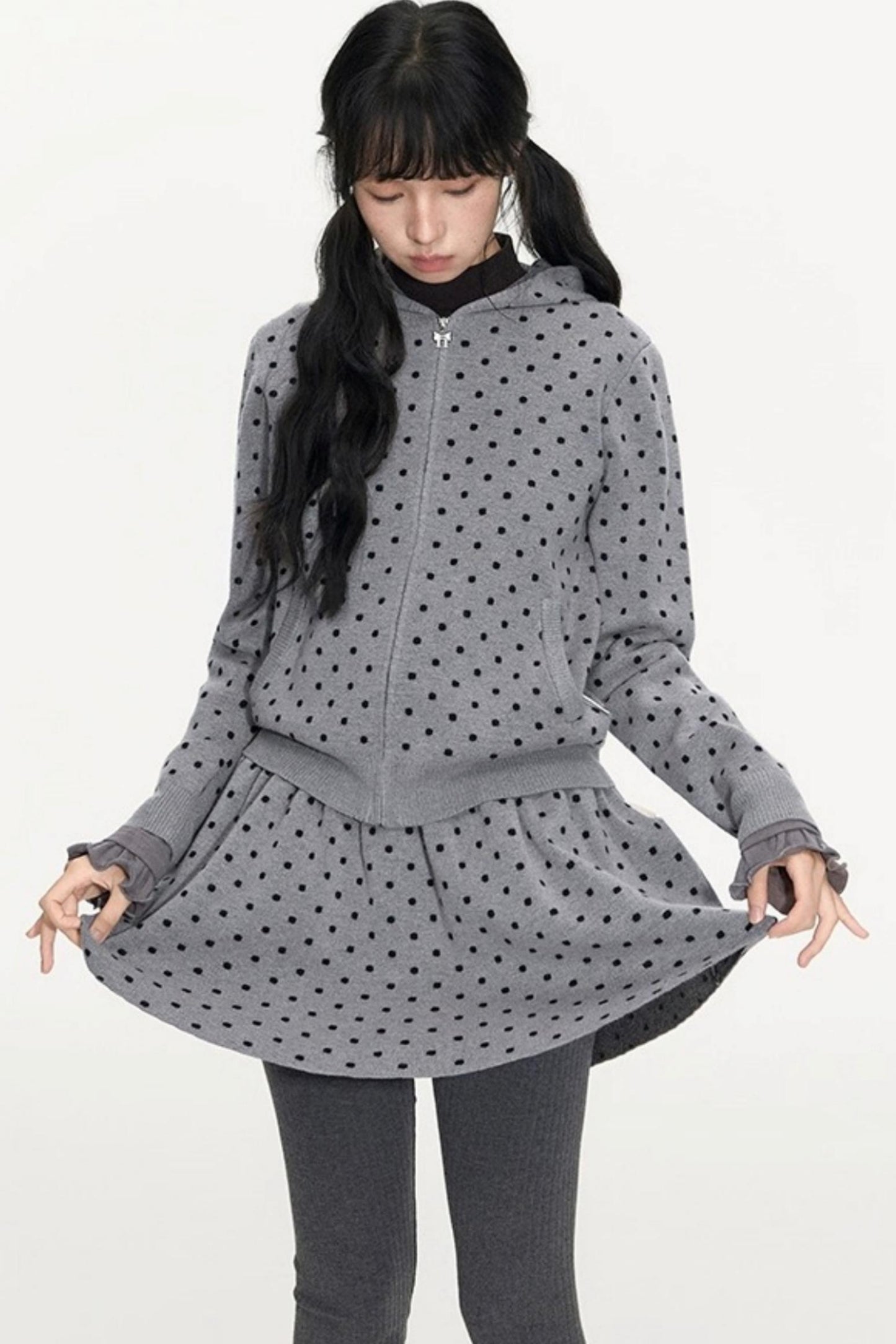 Polka Dot Hooded Knit Sweater Skirt Set-Up