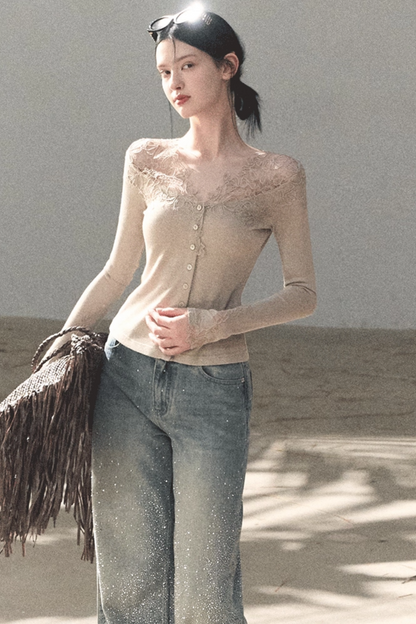 Two-Tone Irregular Lace Cardigan