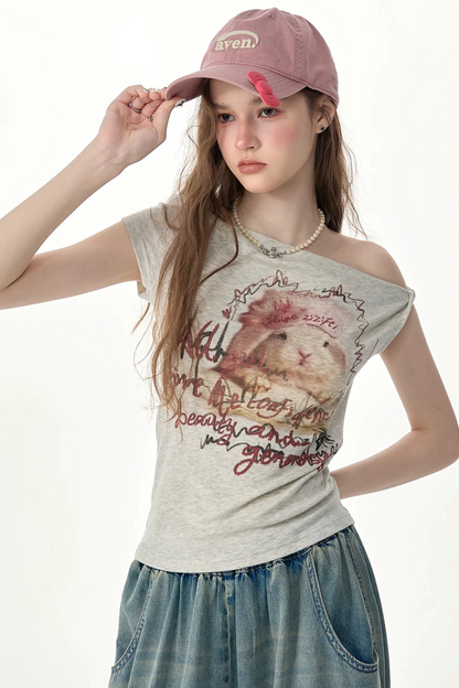 Schulterfreies kurzärmliges T-Shirt mit Hasenprint