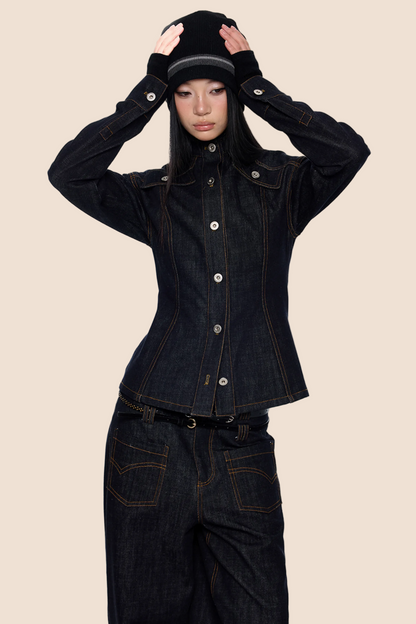 Wide-Shoulder Denim Jacket Set-Up