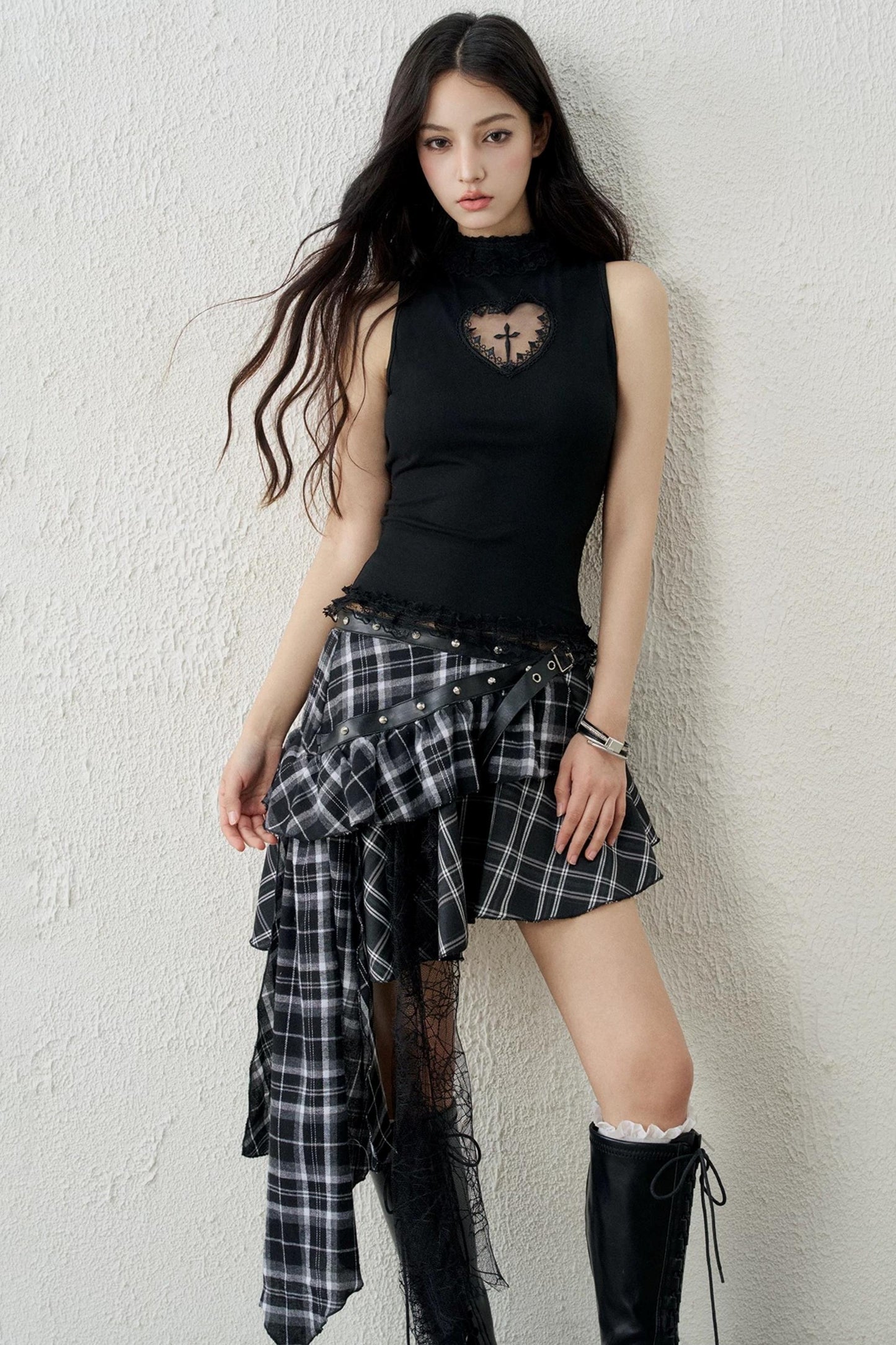 Irregular Hem Plaid Short Skirt