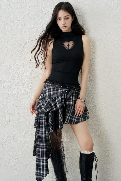 Irregular Hem Plaid Short Skirt