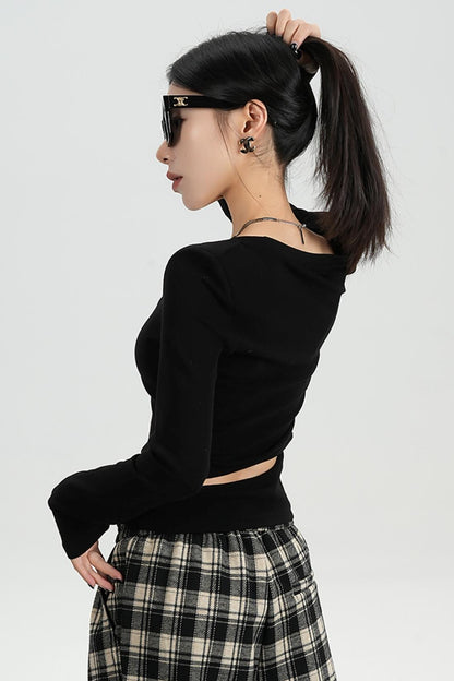 SRYSAME back open waist design sense round neck long sleeve T-shirt base layer with black top under the new autumn women's wear