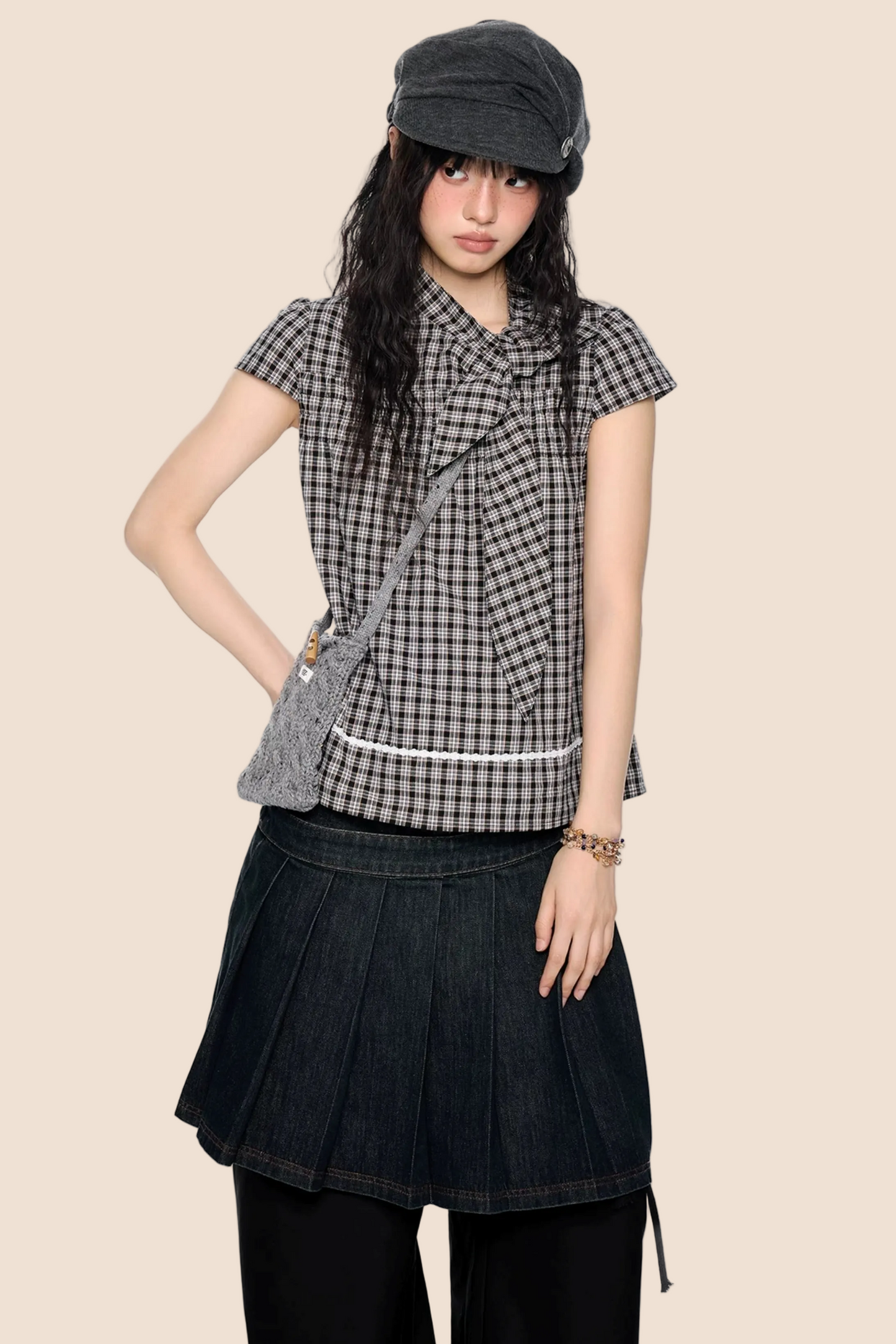 Top color-block con fiocco a quadri
