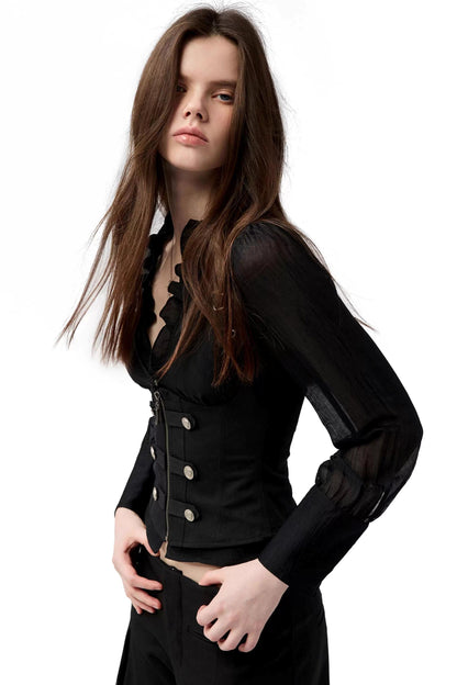 Dark Girl Ruffled Shirt Slim Set-Up