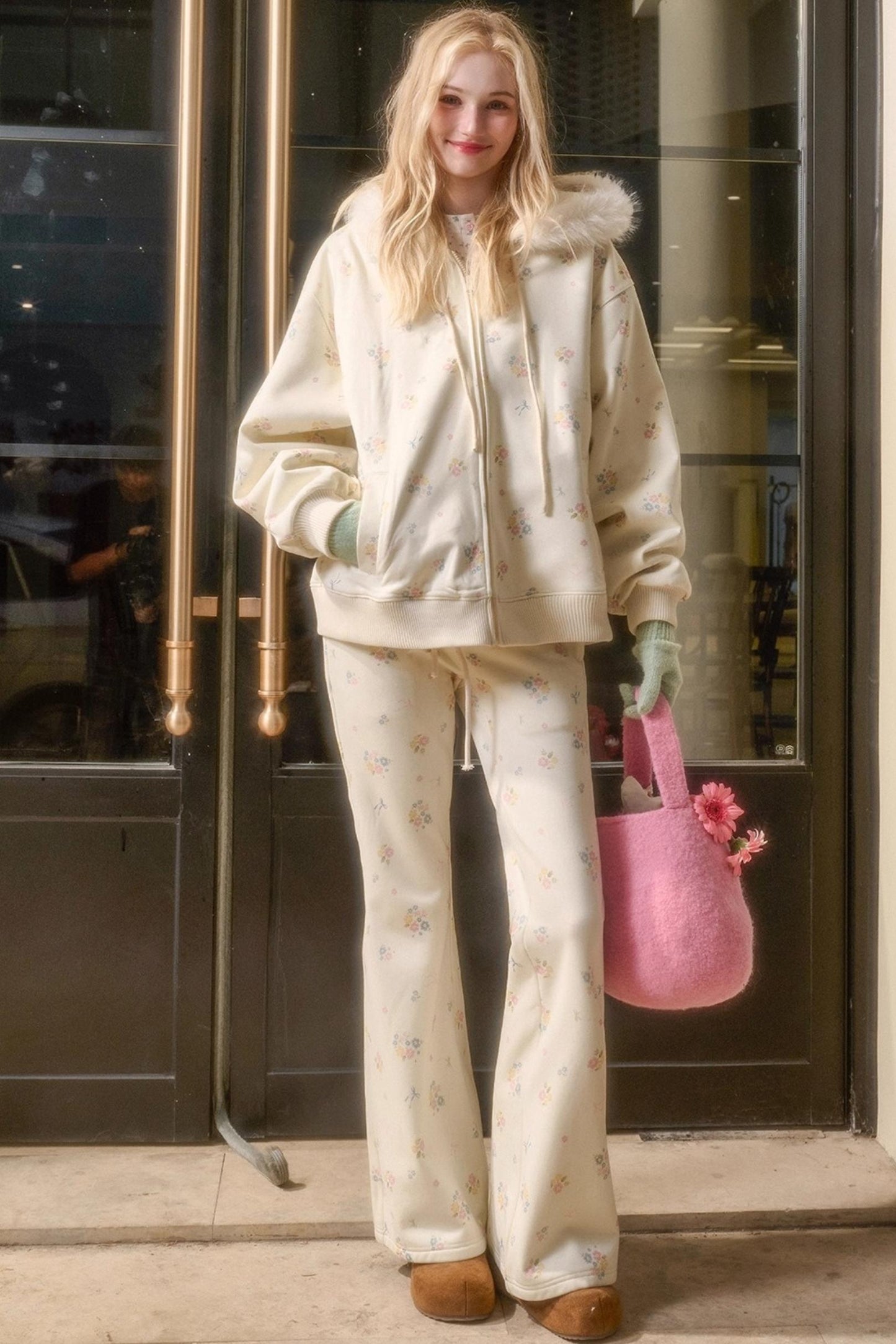 Milky Way Floral Fur Collar Jacket Set-Up