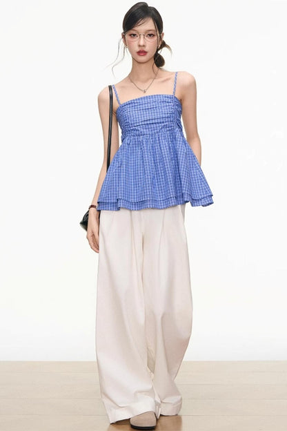 Plaid Strapless Top & White Pants Set-Up