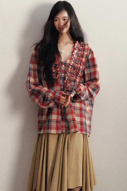 Red Plaid V-Neck Cotton Shirt