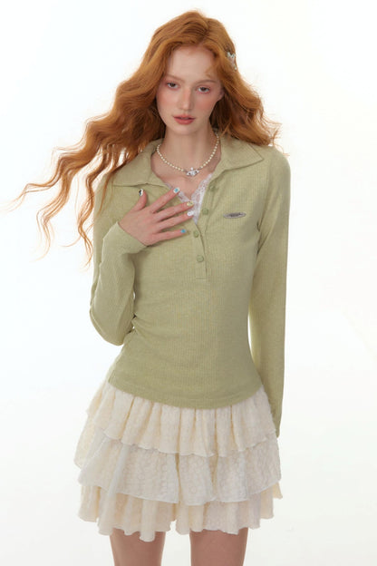 American Lace Polo Collar Knit Top