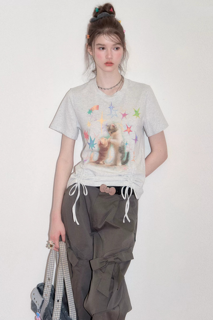 Cat Print Drawstring T-Shirt