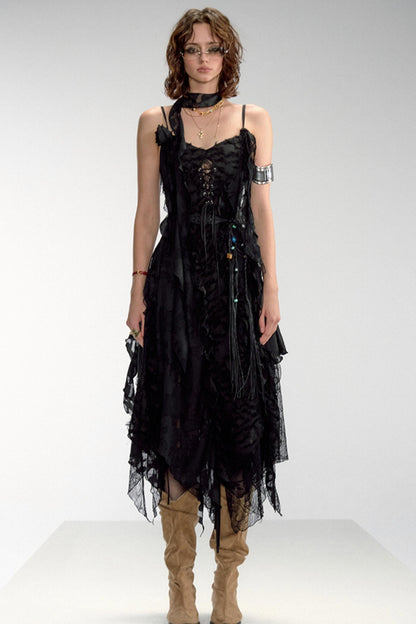 [OfAkiva "Ausgewählte Gedichte von Rambo" Flower Shadow Gap Lace Patchwork Wabi-Sabi Drawstring Dress