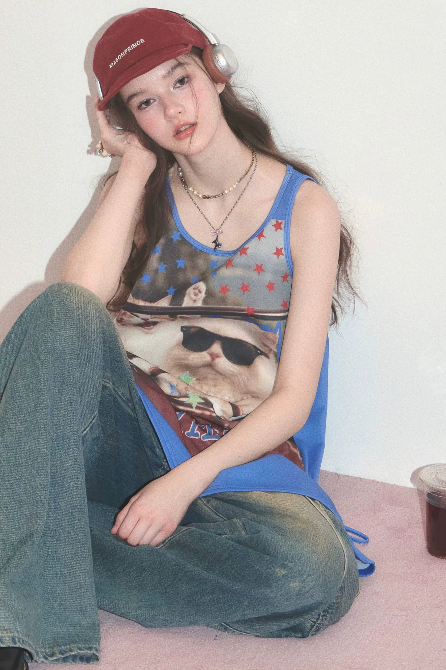 Robe sans manches streetwear rétro américaine à imprimé chat
