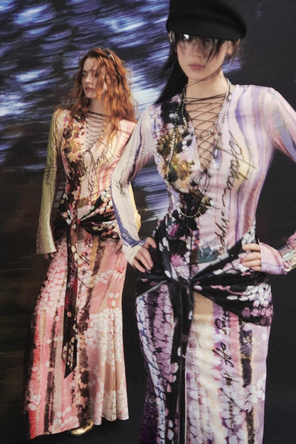 Lotus Print Fake Two-Piece Mermaid Dress