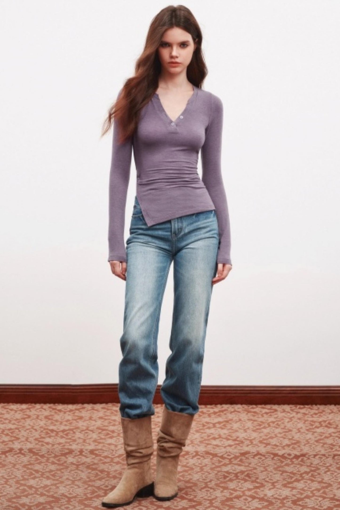 V-Neck High Slit Long Sleeve Slim Top