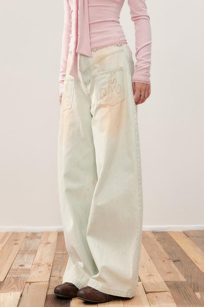 Vintage Washed Distressed Wide-Leg Jeans