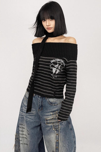 Light Sweet Asian One-Shoulder Knitted Sweater
