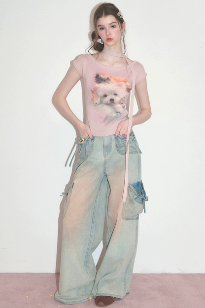 Pink Puppy Print Slim Fit T-Shirt