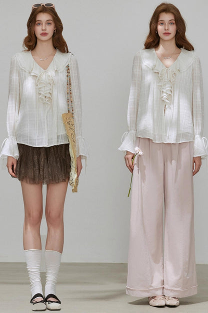 White V-Neck Ruffled French Top Shirt