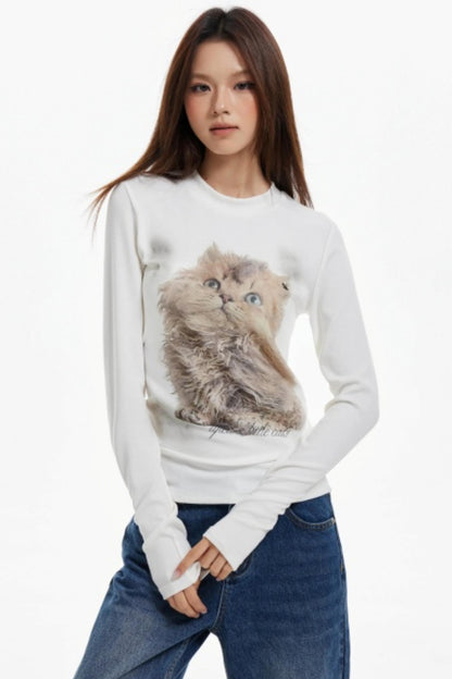Cat Print Slim Knit Base Top