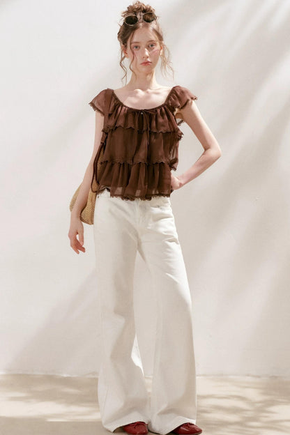 Square-Neck Chiffon Ruffle Blouse