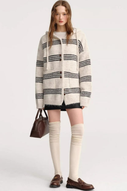 Striped Wool Hooded Knit Cardigan