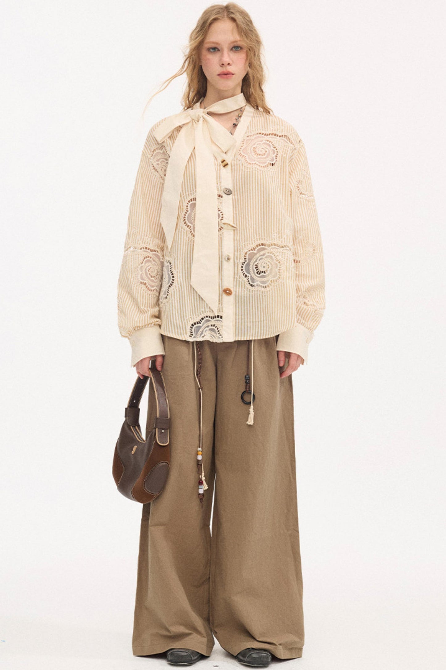 Tie-Back Bow Embroidered Shirt