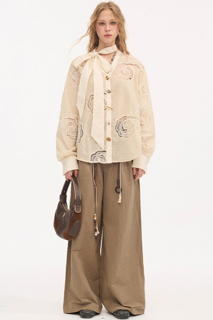 Tie-Back Bow Embroidered Shirt