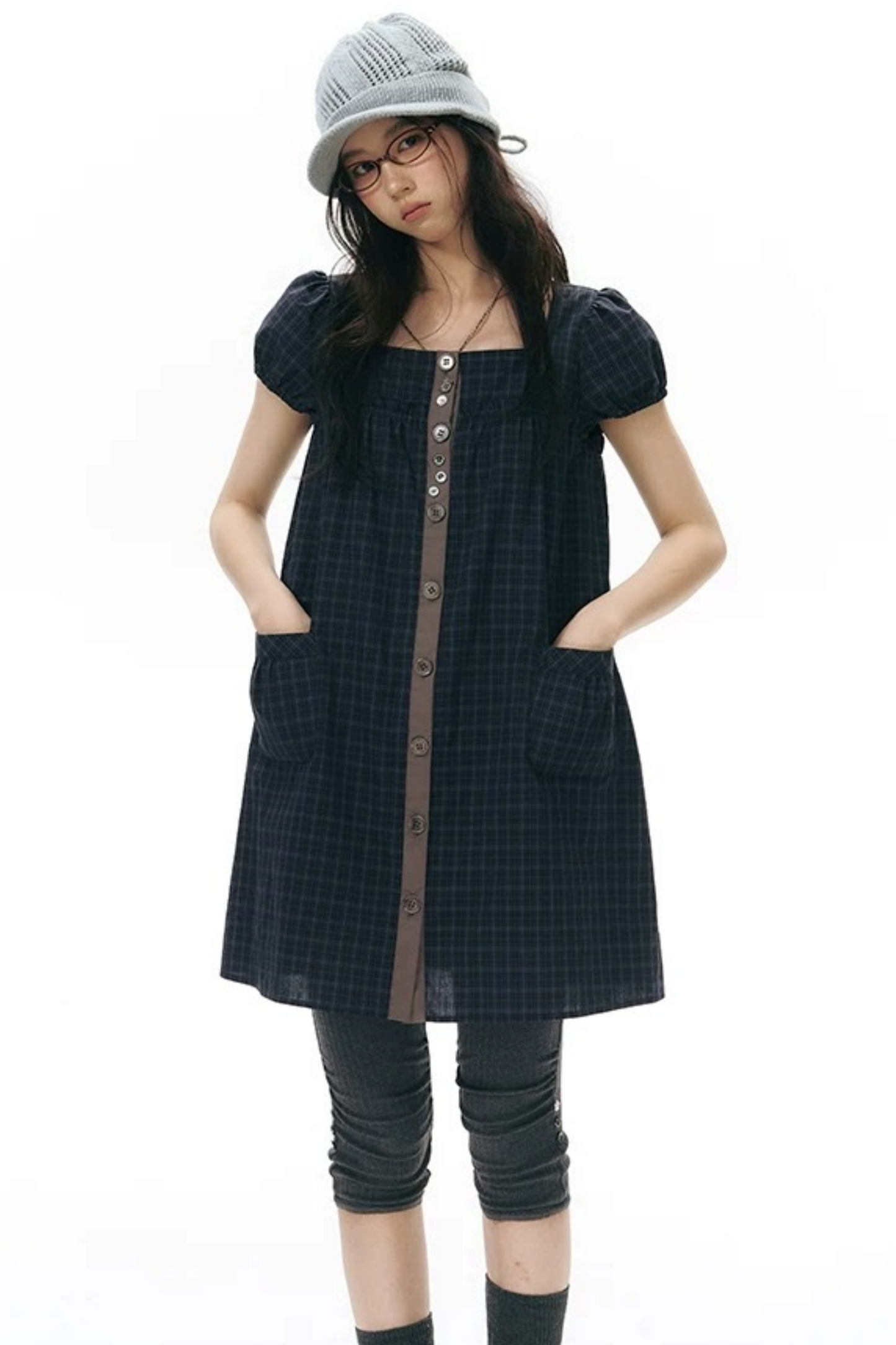 Plaid Puff Sleeve Babydoll Dress