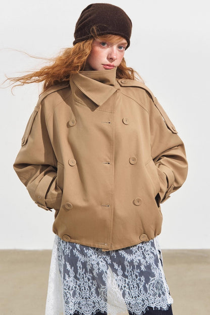 Slanted Stand-Up Collar Cropped Trench Coat