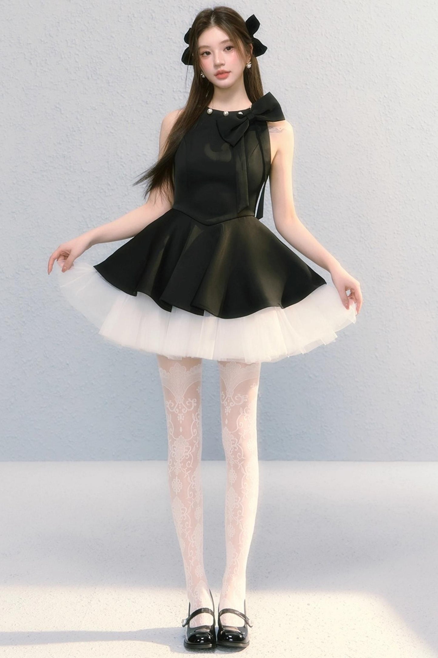 Obsidian French Bow Sleeveless A-Line Dress