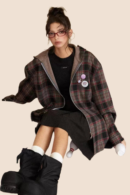 Vintage Plaid Hooded Shirt Jacket