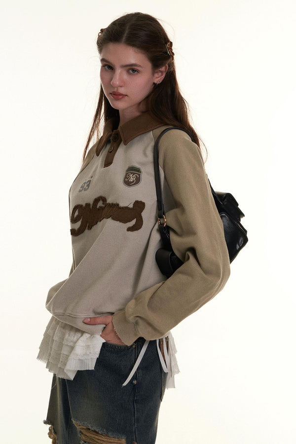 Retro Polo-Hals Farbblock Sweatshirt 