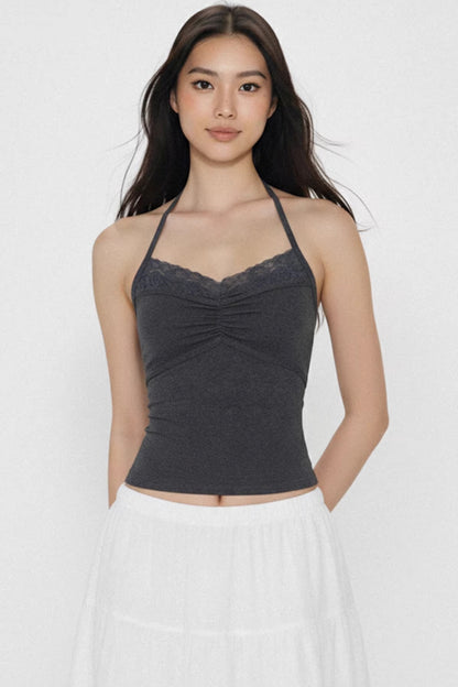 Dark Gray Lace Ruched Top