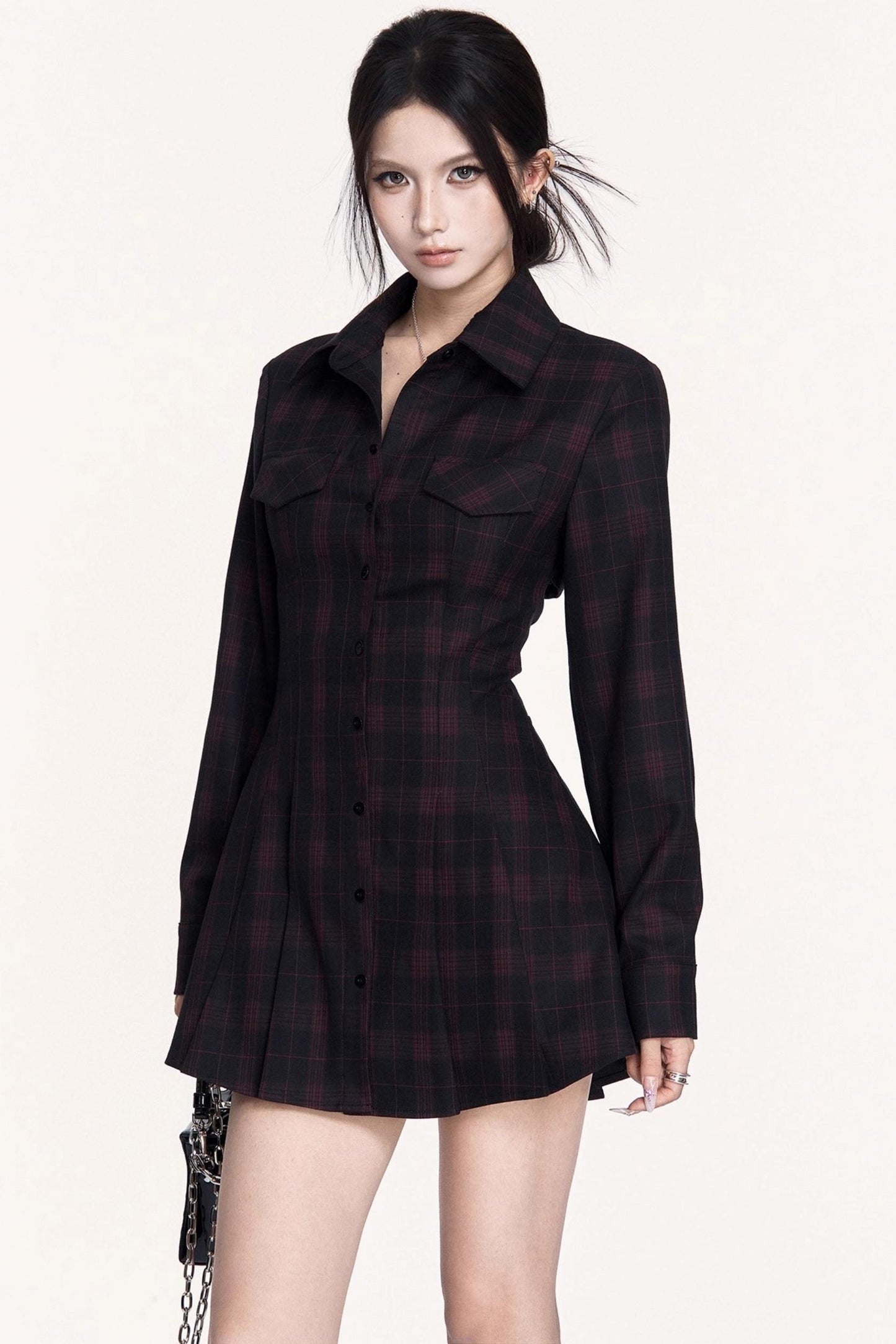 Dark Check Waist Slimming Long Sleeve Dress