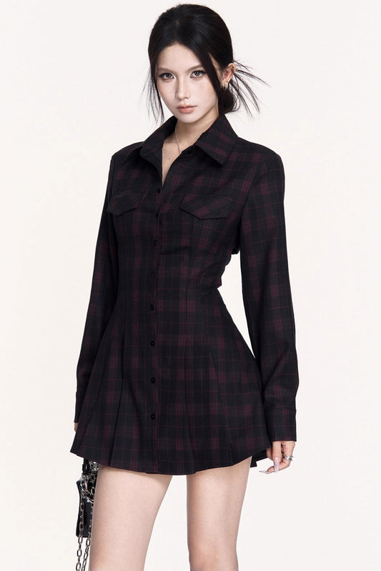 Dark Check Waist Slimming Long Sleeve Dress