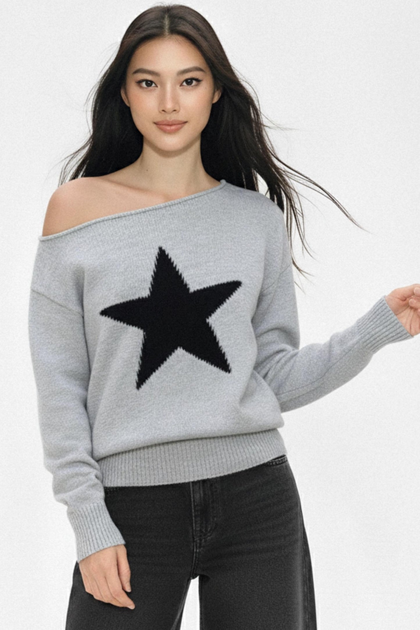 Contrasting Star Off-Shoulder Sweater