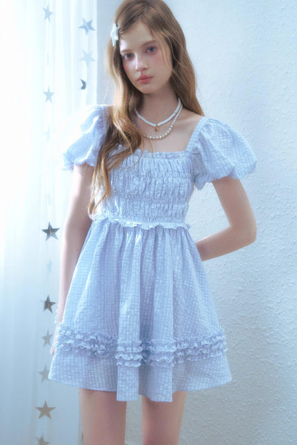 Blue Plaid Bubble Sleeves Dress