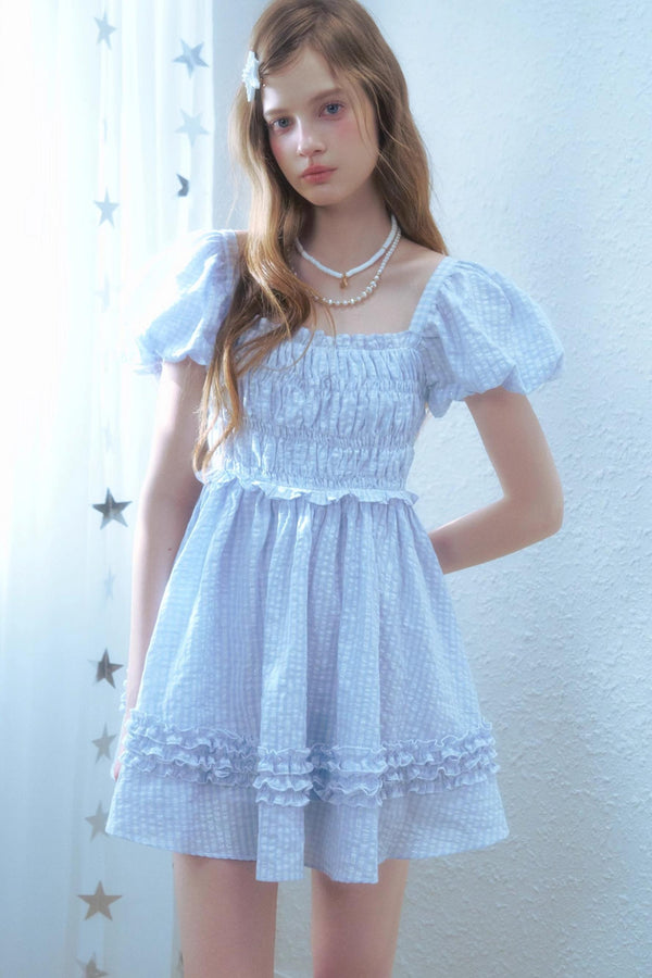 Blue Plaid Bubble Sleeves Dress