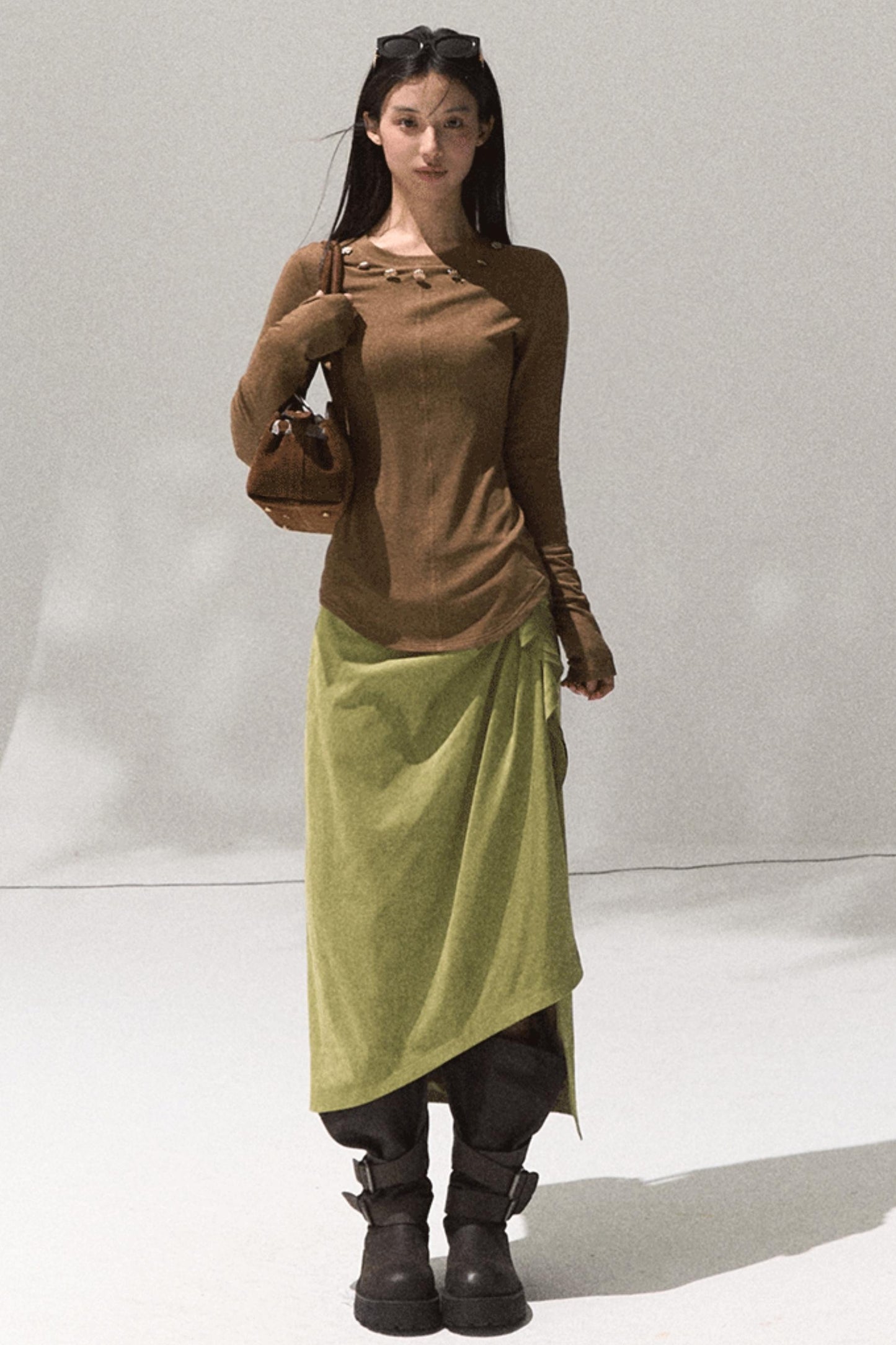 Green Oak Gray Pleated Skirt