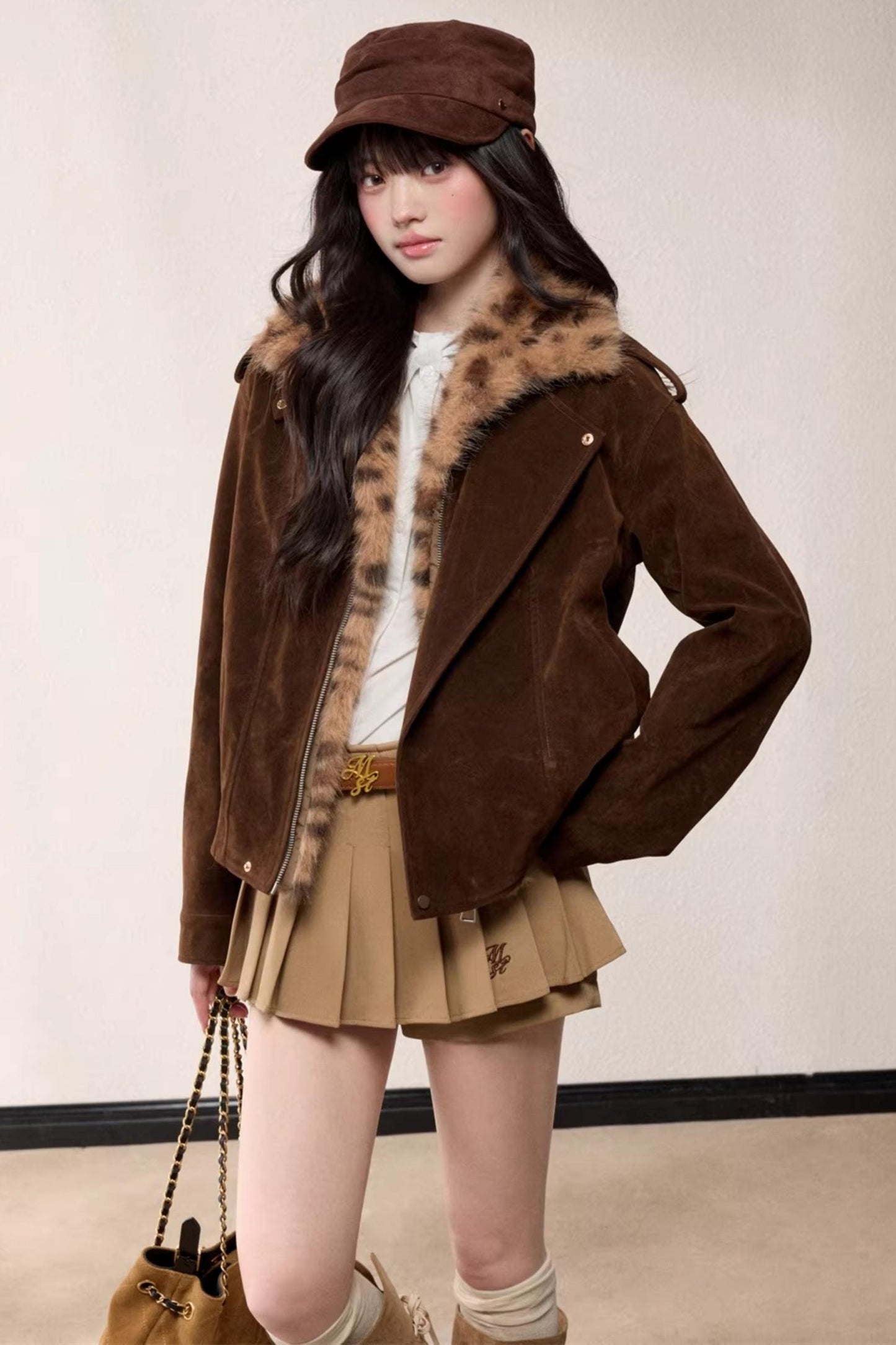 Leopard Print Fur Collar Jacket