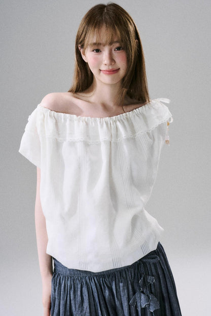Beaded One-Shoulder Linen Top