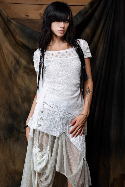 Vintage Patchwork Mesh Maxi Skirt