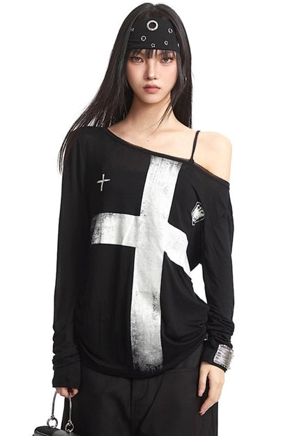 Cross Print Long Sleeve T-Shirt