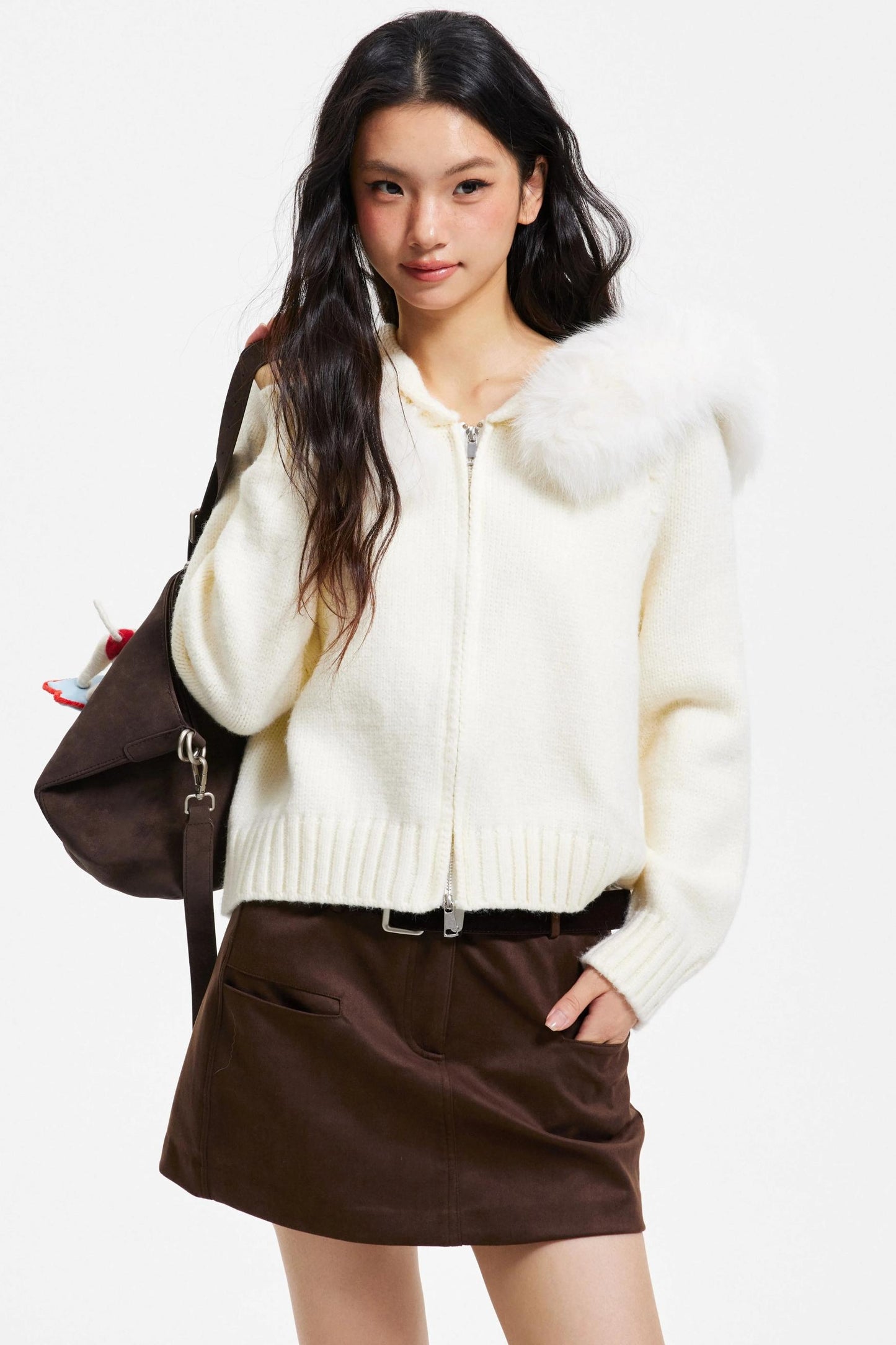 Knitted Sweater Jacket with Fur Collar