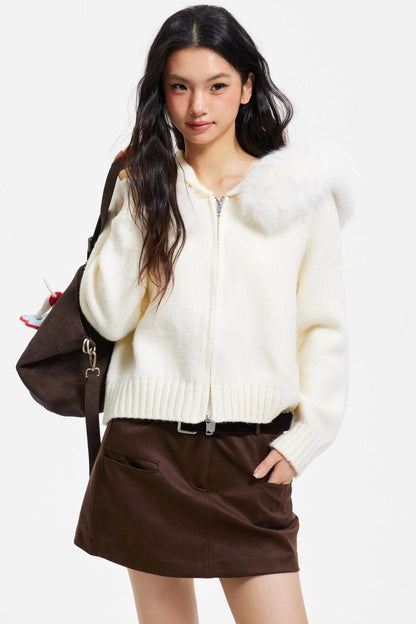 Knitted Sweater Jacket with Fur Collar
