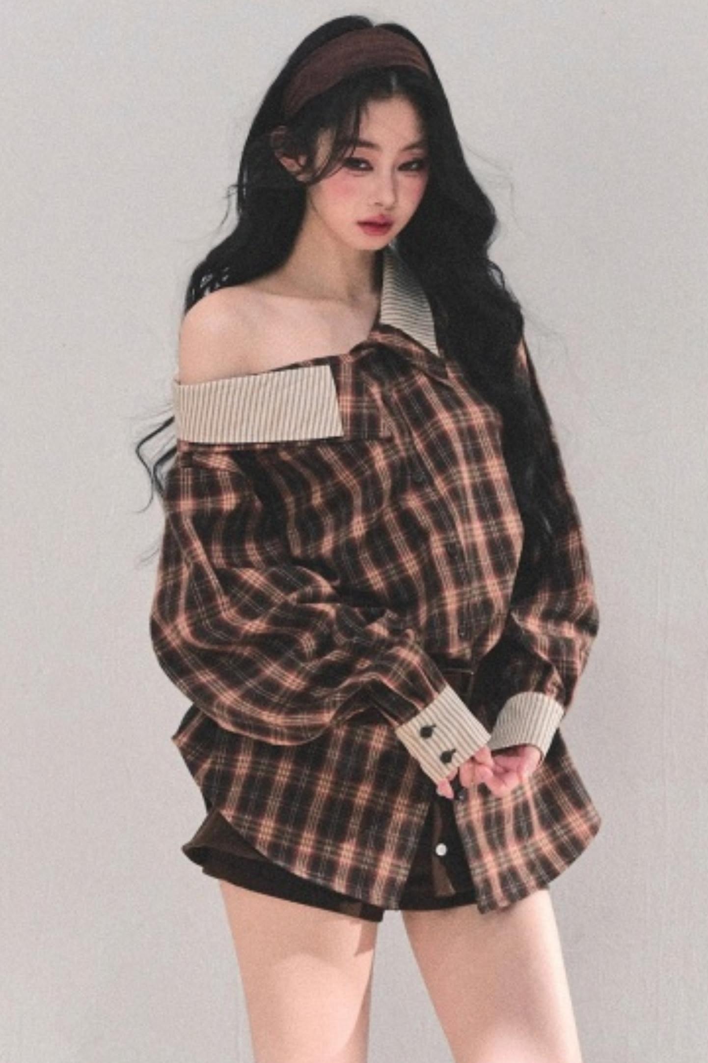 Off-Shoulder Plaid Shirt
