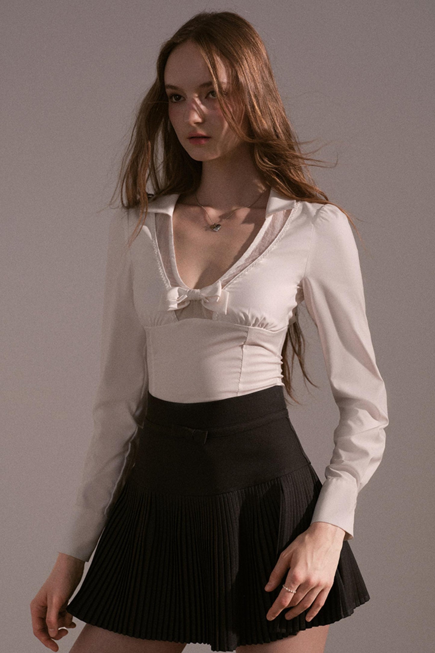 Bow V-Neck Long Sleeve Shirt Set-Up