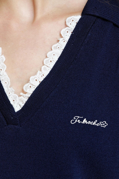 Beige Grain Embroidered Lace Knit Vest