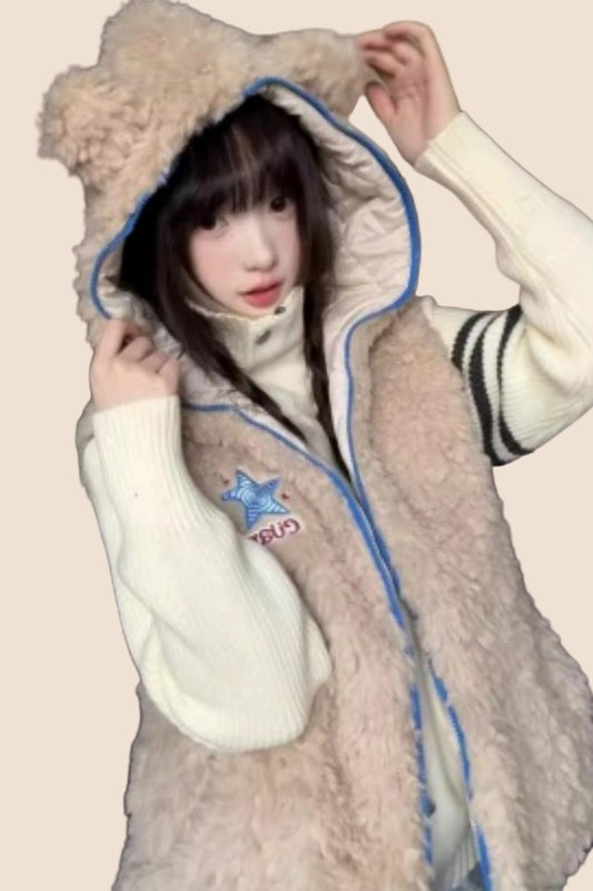 Bear Ears Faux Wool Hooded Jacket